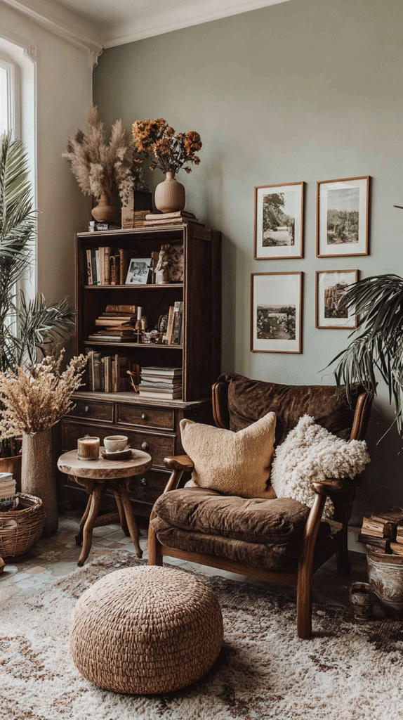 Cozy boho living room with rattan pouf, vintage chair, bookshelf, and plants against soft green walls.
