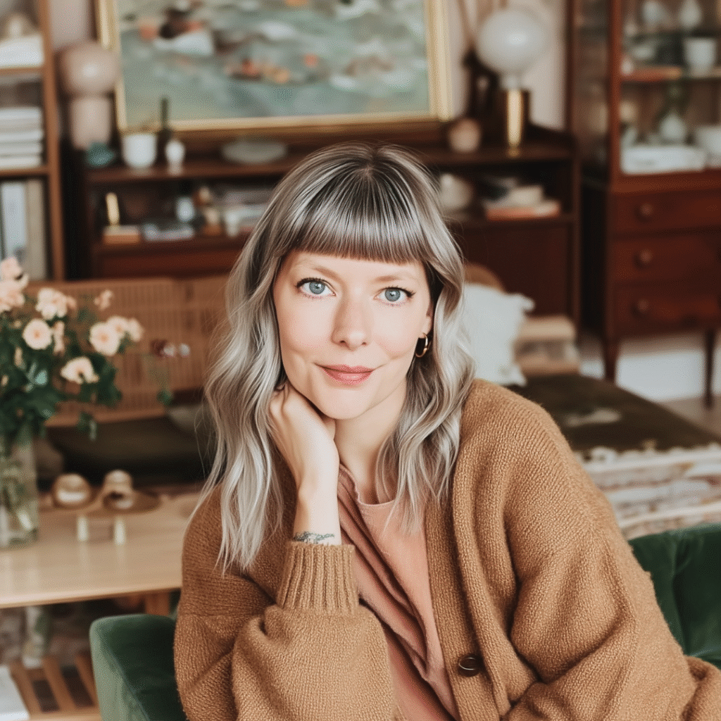 Smiling woman with brown cardigan in cozy living room with flowers and vintage decor.