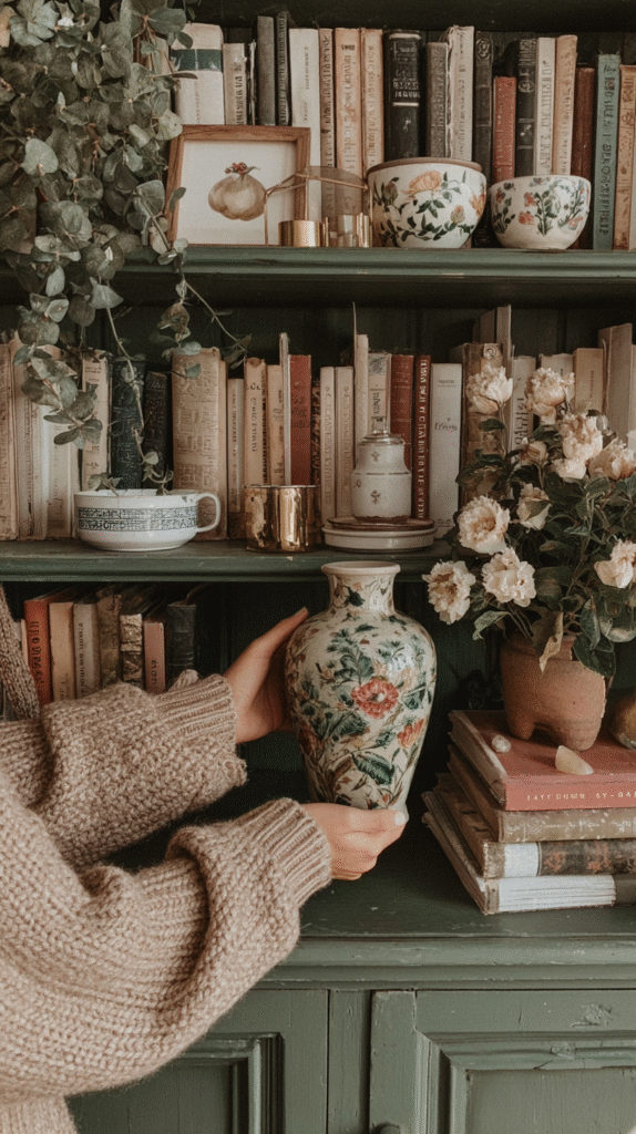 how-to-find-thrifted-gifts-shopping Person holding a floral ceramic vase in front of a vintage bookshelf with plants and decorative items.