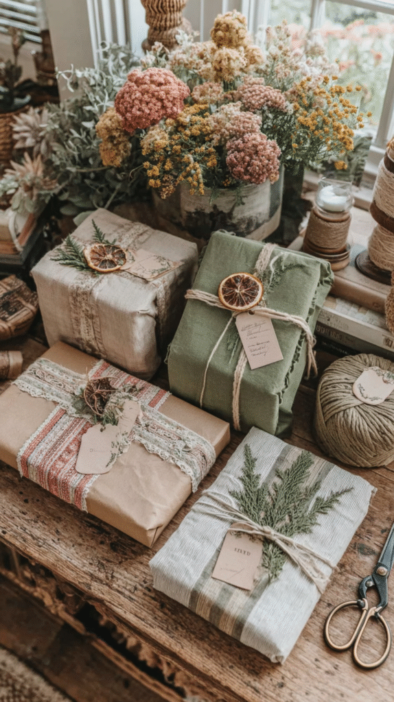 how-to-find-thrifted-gifts-wrapping Eco-friendly gift boxes wrapped with rustic fabric and twine, adorned with dried flowers and leaves on a wooden table.