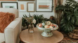 Cozy living room with fruit bowl on wooden table, vase of flowers, and framed art on the wall.