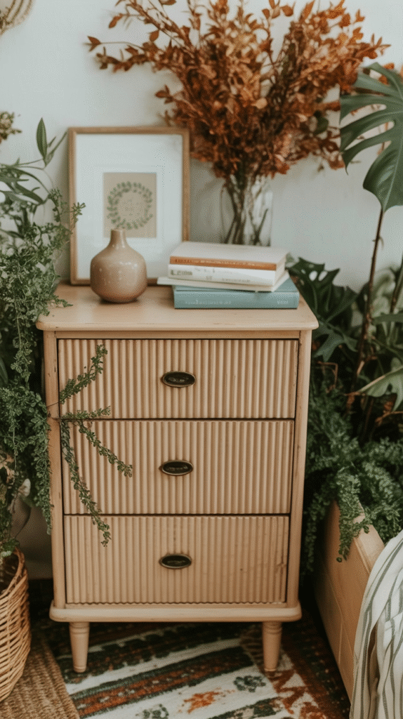Stylish wooden dresser with autumn decor, books, and plants for a cozy, rustic bedroom vibe.