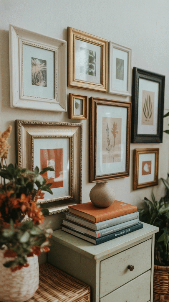 Gallery wall decor with botanical prints, books, and a vase on a vintage dresser for a cozy home ambiance.