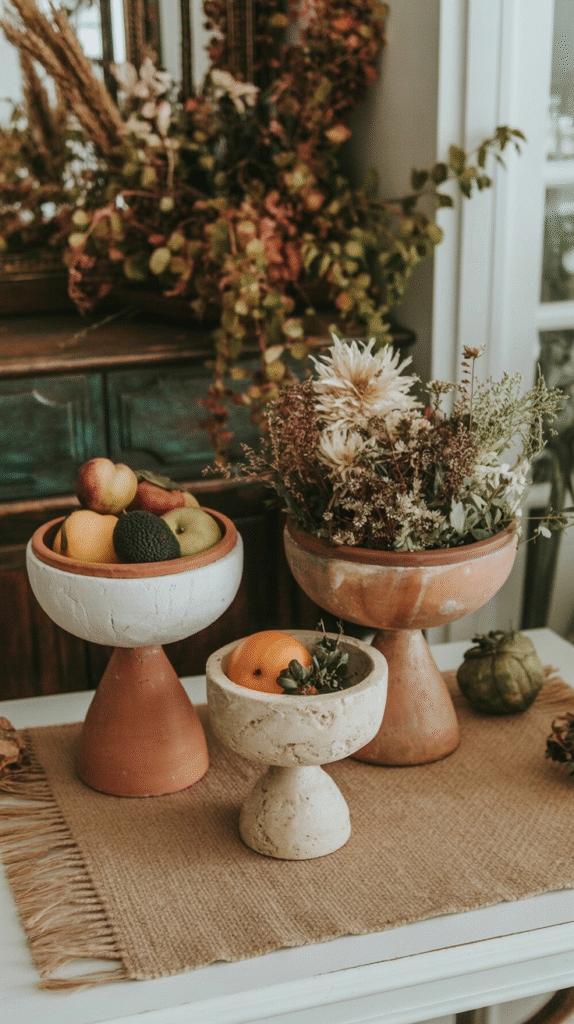 Rustic fall decor with fruits and flowers in clay pots on a table with a burlap runner.