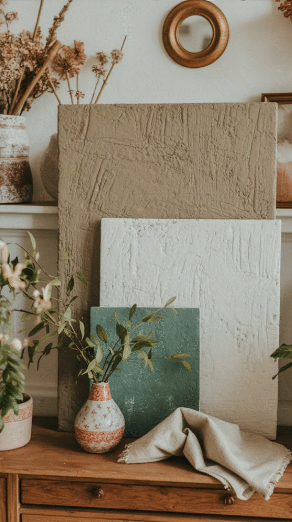 Rustic decor with textured art, dried plants, and pottery on wooden shelf. Cozy and vintage home interior styling.