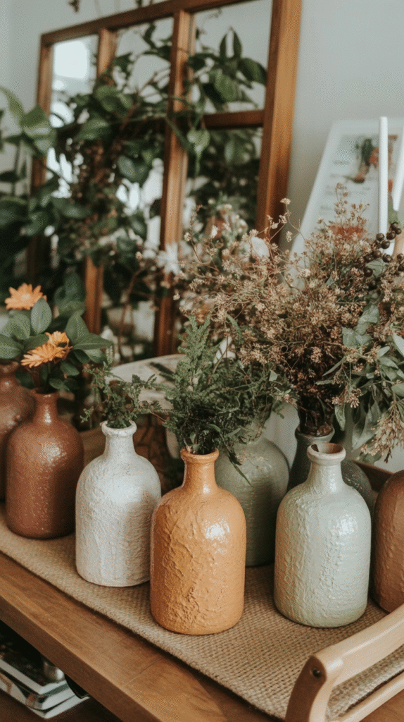 Decorative ceramic vases with dried flowers and greenery on a rustic wooden table, enhancing natural home décor.