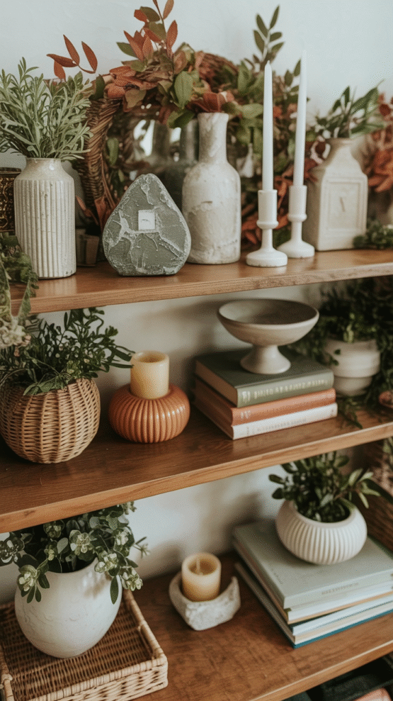 Stylish wooden shelf with decorative vases, candles, books, and green plants for a cozy, rustic interior feel.
