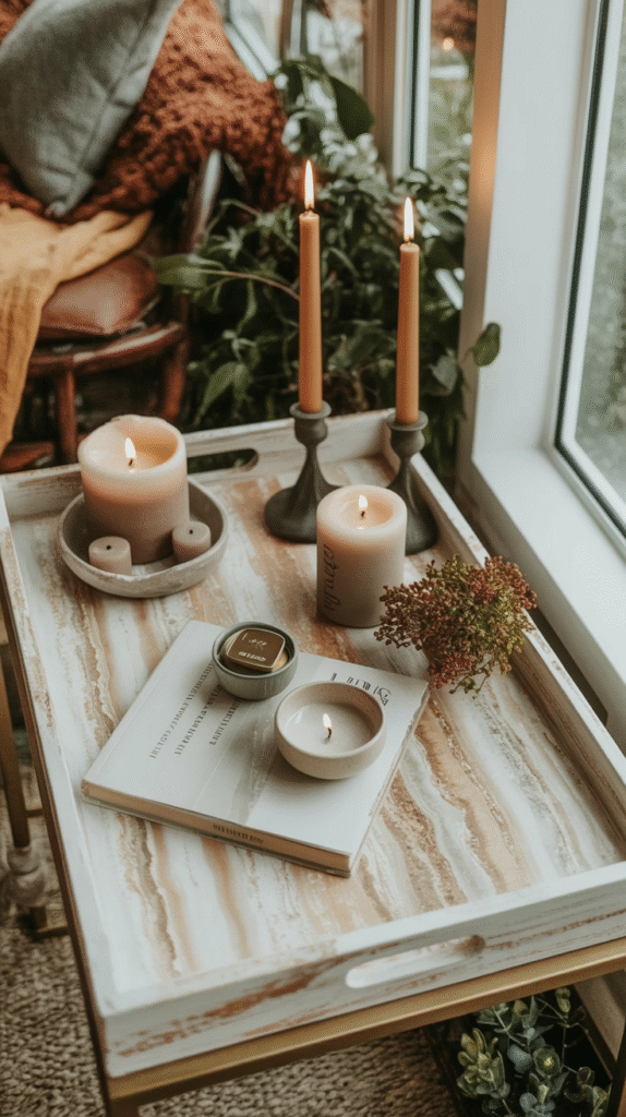 Cozy corner with lit candles and a book on a tray by a window, creating a warm, inviting atmosphere.