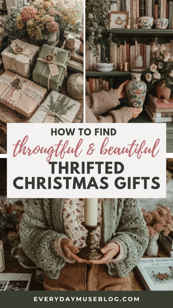 thrift-store-christmas-gifts Guide to finding thoughtful and beautiful thrifted Christmas gifts with cozy vintage decor and wrapped presents.