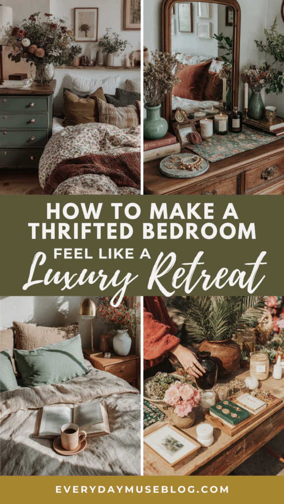 thrifted-apartment-bedroom-decor Cozy thrifted bedroom with vintage decor, lush plants, and soft bedding, creating a luxury retreat ambiance.