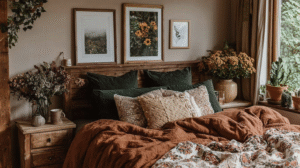 Cozy bedroom with rustic decor, wooden furniture, earthy tones, and floral artwork creating a warm, inviting atmosphere.