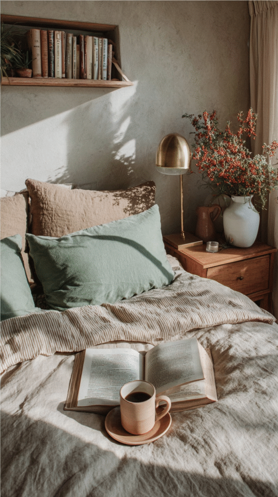 thrifted-bedroom-retreat-bed Cozy bedroom with soft bedding, open book, and coffee on bed; shelf and plants add a warm, inviting touch.