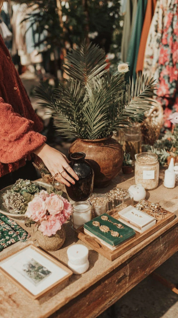 thrifted-bedroom-retreat-shopping Hand arranging decorative items on a wooden table, with potted plants, flowers, and jewelry in a cozy setting.