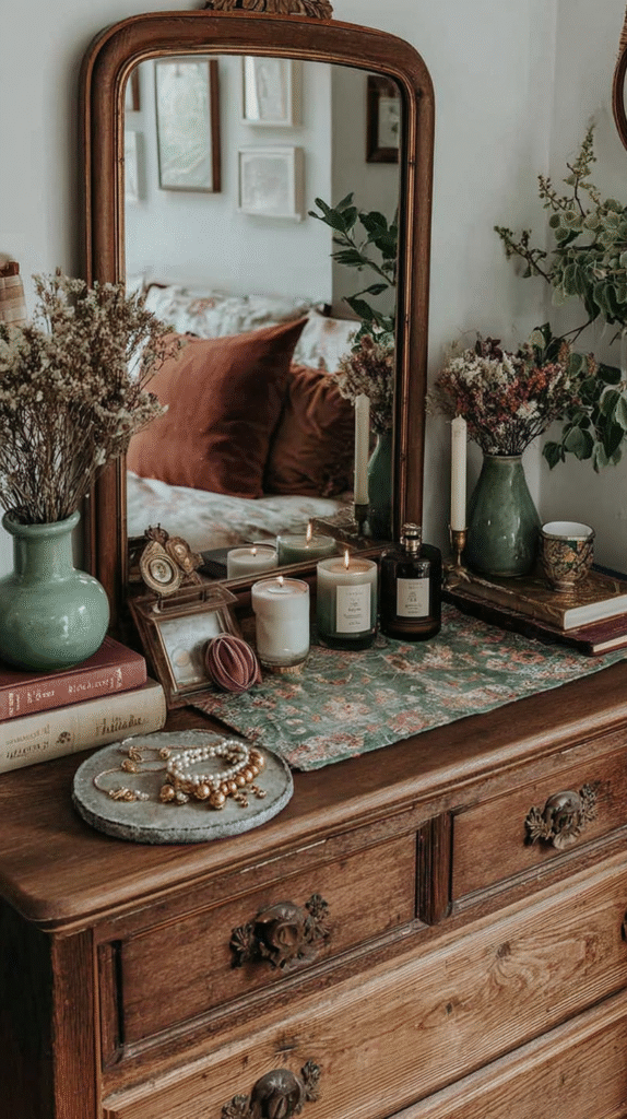 thrifted-bedroom-retreat-vignette Vintage dresser with mirror, candles, vases, and jewelry, reflecting cozy bedroom decor.