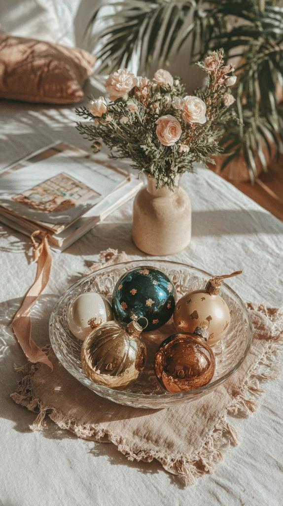 Festive ornaments in a glass bowl with a vase of roses on a cozy table setting, under natural sunlight.