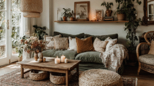 Cozy living room with plants, candles, and earthy decor creating a warm, inviting atmosphere.