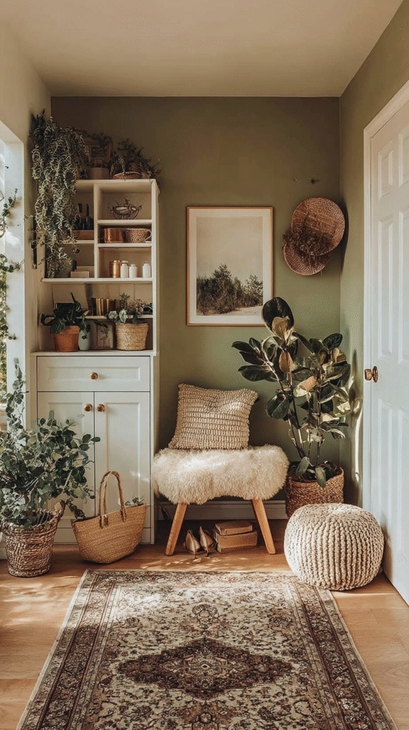 Cozy room with green walls, houseplants, woven decor, and a vintage rug, creating a warm and inviting atmosphere.
