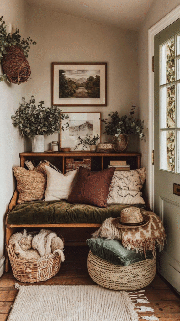 Bohemian entryway with cozy seating, textured pillows, greenery, woven baskets, and wall art for a welcoming vibe.