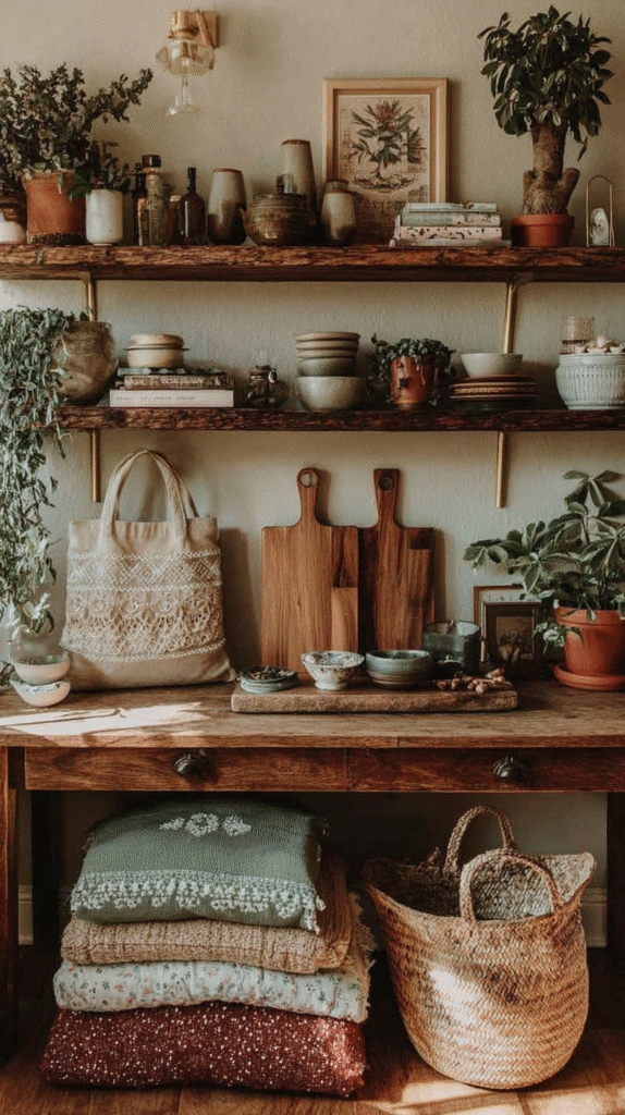 Rustic kitchen shelf with potted plants, wooden boards, bowls, and woven textiles for a cozy, bohemian ambiance.
