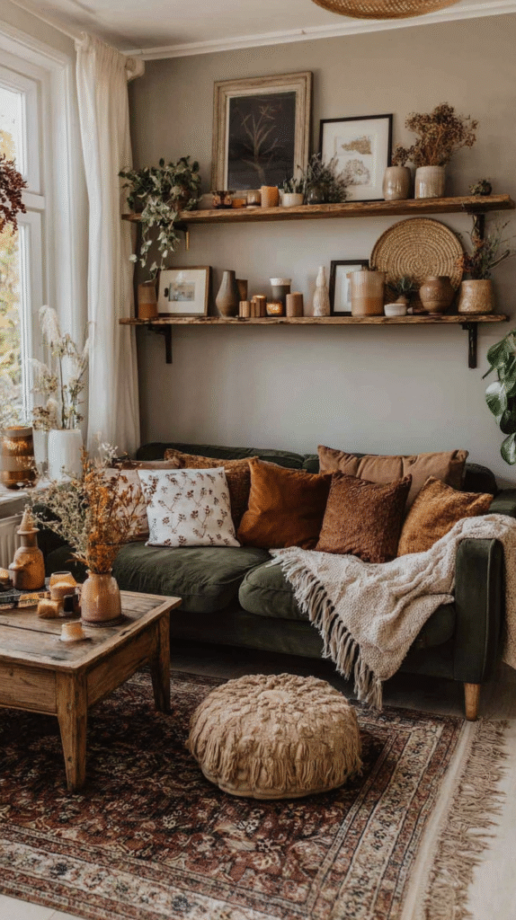 Cozy living room with autumn-themed decor, textured pillows, rustic wooden shelves, and a vintage-style rug.