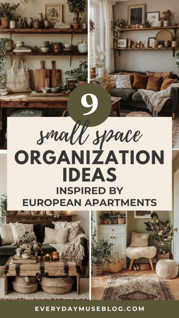 9 small space organization ideas inspired by European apartments. Cozy interiors with plants and wooden shelves.