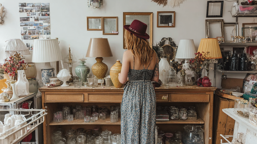 Woman browsing vintage lamps in an antique shop, wearing a hat and floral dress. Cozy decor and nostalgic atmosphere.