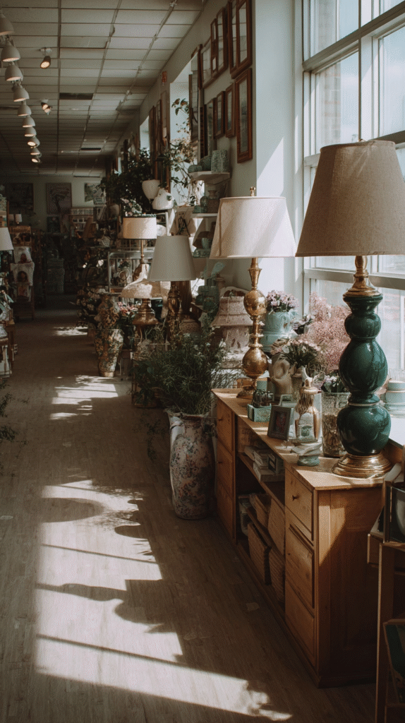 Vintage lamps and decor in a sunlit antique store aisle, showcasing elegant home furnishings and decorations.