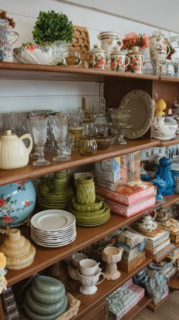 Colorful vintage kitchenware and decor items on wooden shelves in a cozy shop setting.