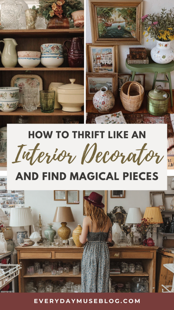 Thrift shop decor inspiration, vintage finds for home styling by everydaymuseblog.com, featuring unique treasures.