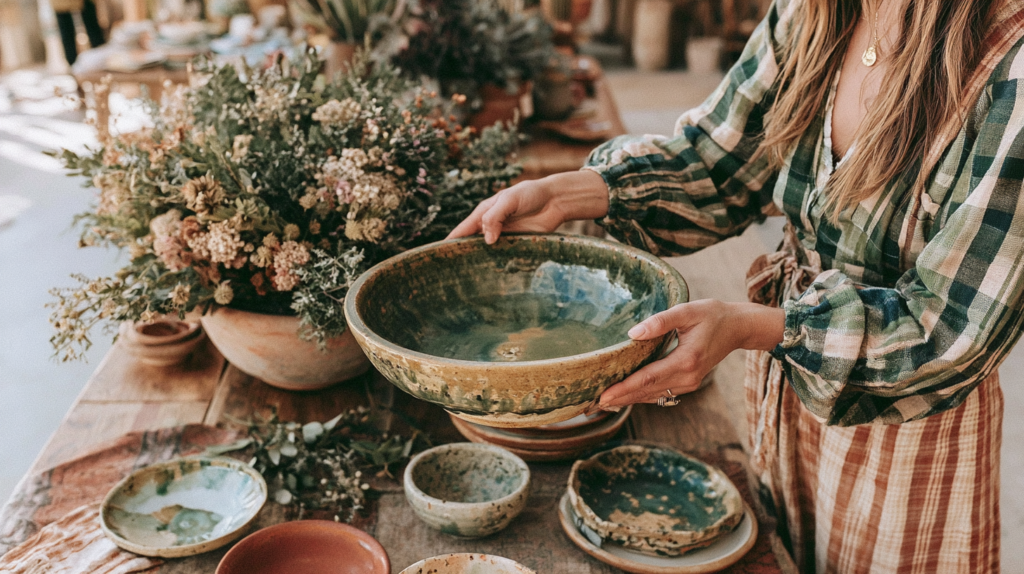 Woman holding a rustic ceramic bowl near a bouquet of dried flowers on a wooden table.