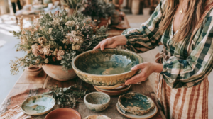 Woman holding a rustic ceramic bowl near a bouquet of dried flowers on a wooden table.