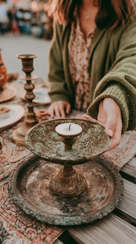 signs-thrifted-items-for-home-patina Woman holding a rustic candle holder at an outdoor market, showcasing vintage decor items.
