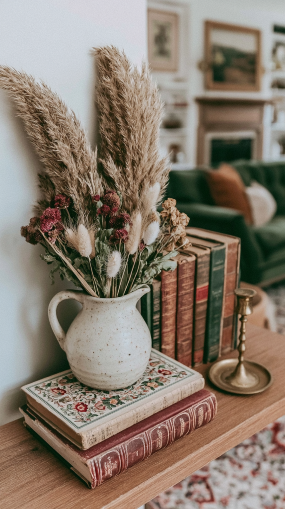 signs-thrifted-items-for-home-three-items Rustic vase with dried flowers and books on a wooden shelf, cozy vintage living room decor.